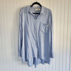 CHICO'S Blue White Striped Hi Lo Hem Flowy Button Front Blouse Top 3/Large